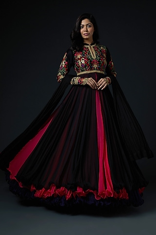 Black Resham Hand Embroidered Anarkali Set by Rohit Bal