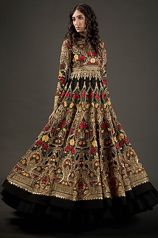Black Anarkali Set With Embroidery by Rohit Bal