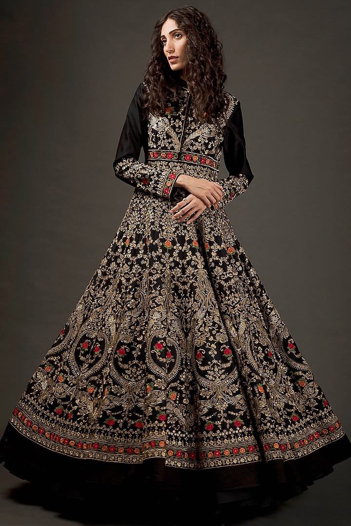 Black Chanderi Embroidered Bridal Anarkali Set by Rohit Bal at Pernia's Pop Up Shop