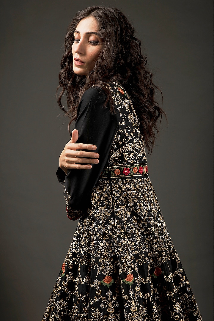 Black Chanderi Embroidered Bridal Anarkali Set by Rohit Bal at Pernia's Pop Up Shop