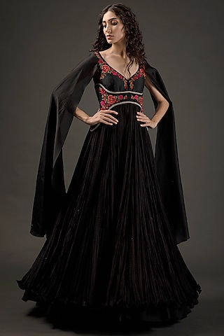 Black Silk Embroidered Anarkali Set by Rohit Bal