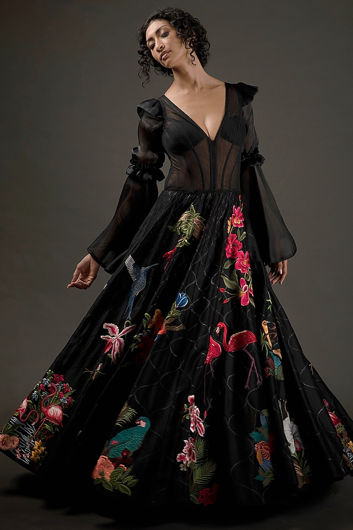 Black Silk Anarkali Set With Embroidery by Rohit Bal