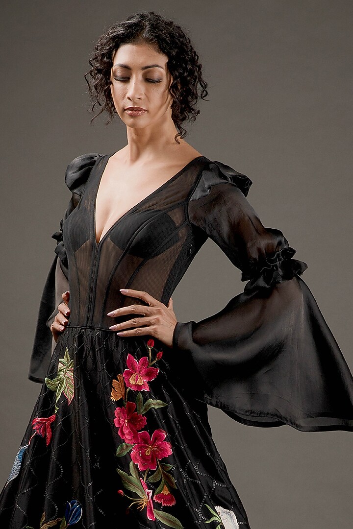 Black Silk Bridal Anarkali Set With Embroidery by Rohit Bal at Pernia's Pop Up Shop