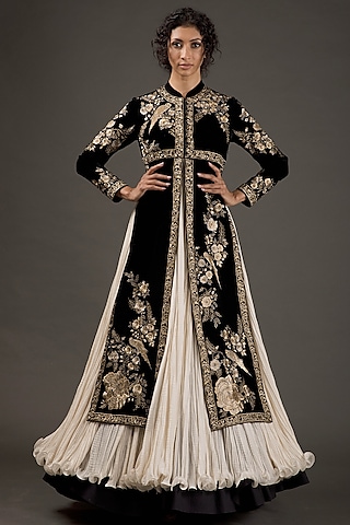 Black Embroidered Split Anarkali Set by Rohit Bal