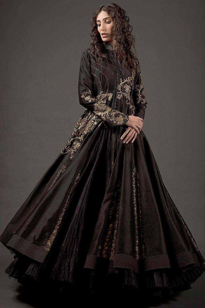 Black Long Jacket With Embroidery by Rohit Bal