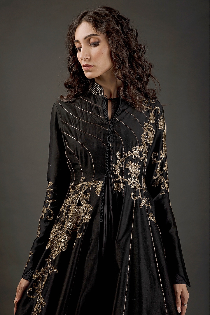 Black Long Jacket With Embroidery by Rohit Bal at Pernia's Pop Up Shop
