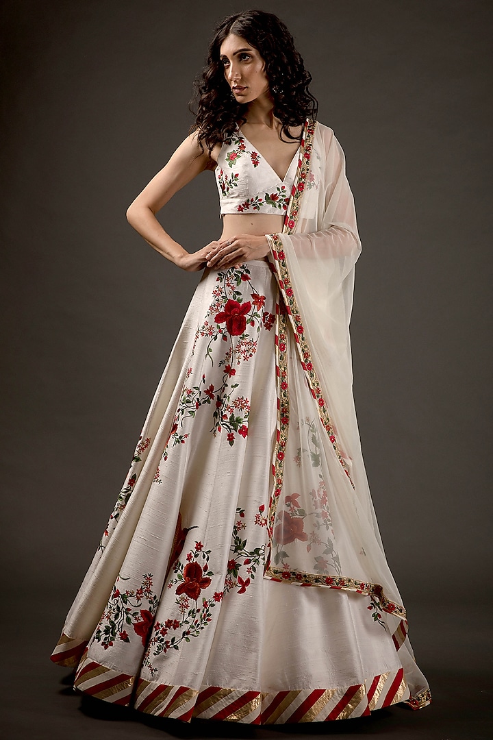 Ivory Chanderi Embroidered Lehenga Set by Rohit Bal