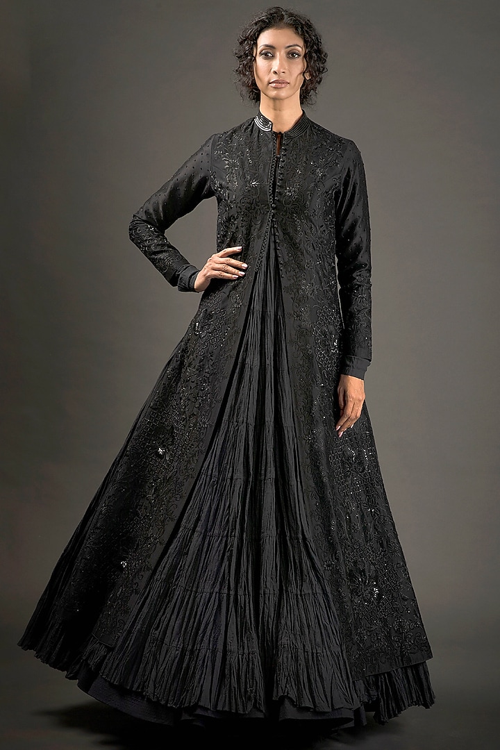 Black Silk Embroidered Jacket by Rohit Bal