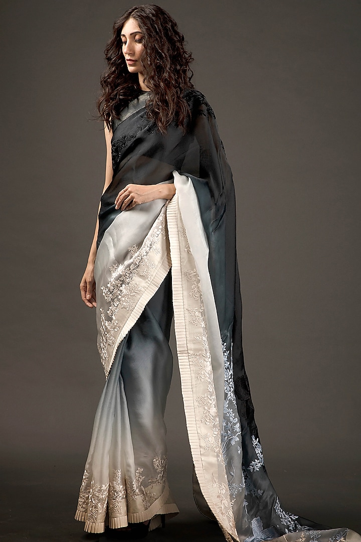 Ivory & Black Ombre Organza Embroidered Reception Saree Set by Rohit Bal at Pernia's Pop Up Shop