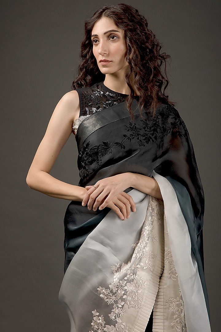 Ivory & Black Ombre Organza Embroidered Reception Saree Set by Rohit Bal at Pernia's Pop Up Shop