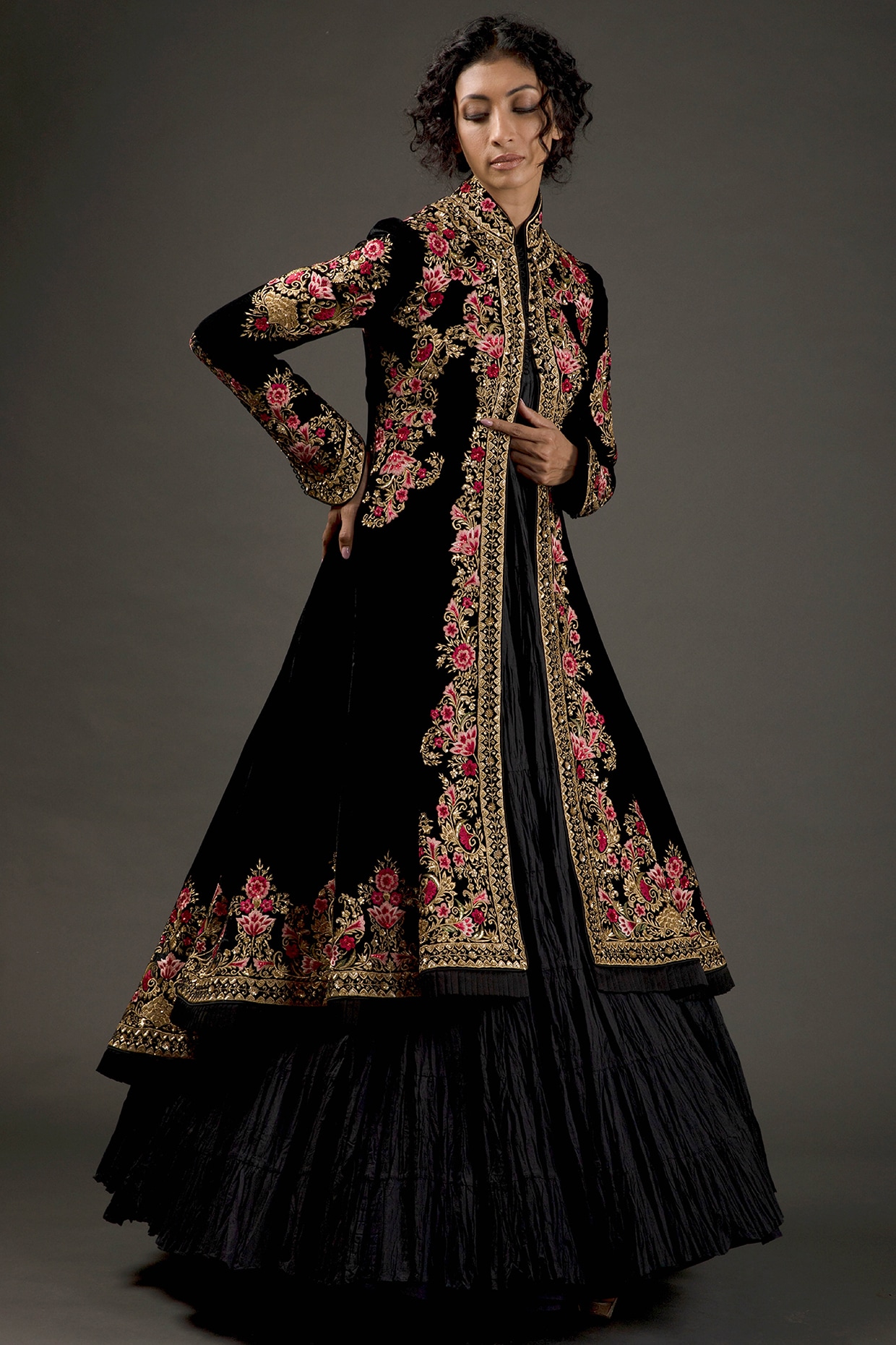 Black Silk Long Jacket With Embroidery Design by Rohit Bal at Pernia's Pop  Up Shop 2024