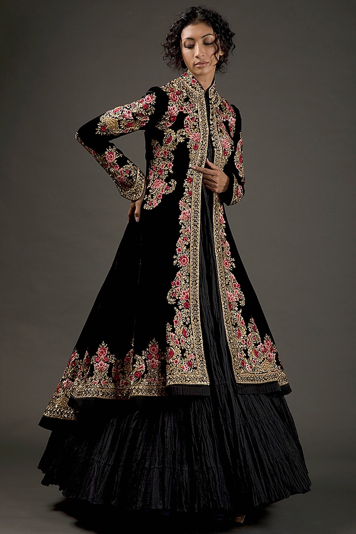 Black Silk Long Jacket With Embroidery by Rohit Bal