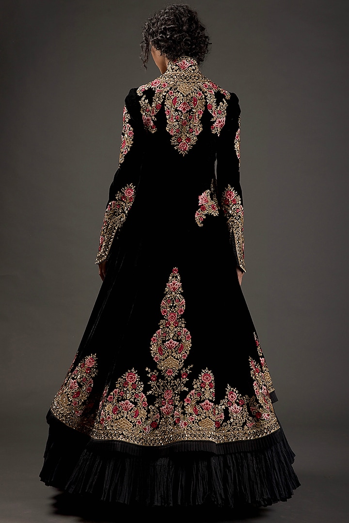 Black Silk Long Jacket With Embroidery by Rohit Bal at Pernia's Pop Up Shop