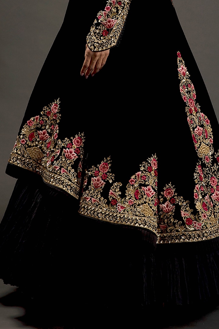 Black Silk Long Jacket With Embroidery by Rohit Bal at Pernia's Pop Up Shop