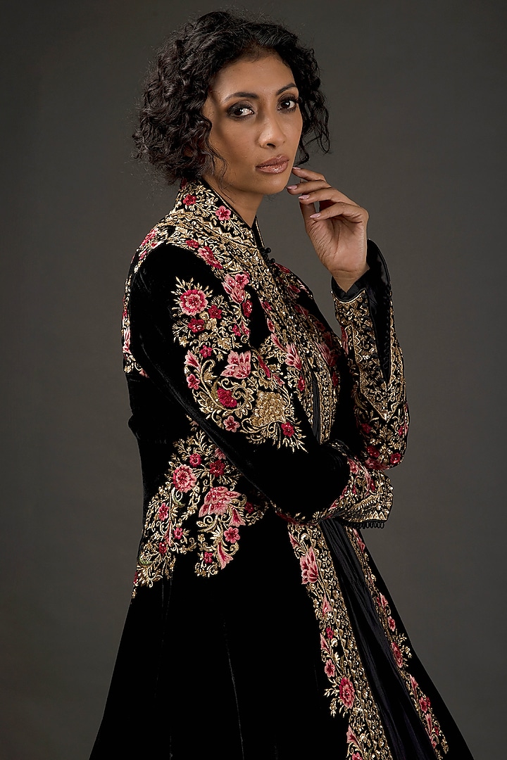 Black Silk Long Jacket With Embroidery by Rohit Bal at Pernia's Pop Up Shop