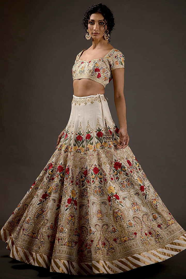 Ivory Silk Embroidered Bridal Lehenga Set by Rohit Bal at Pernia's Pop Up Shop