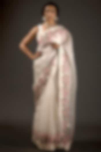 Ivory Organza Embroidered Saree Set by Rohit Bal