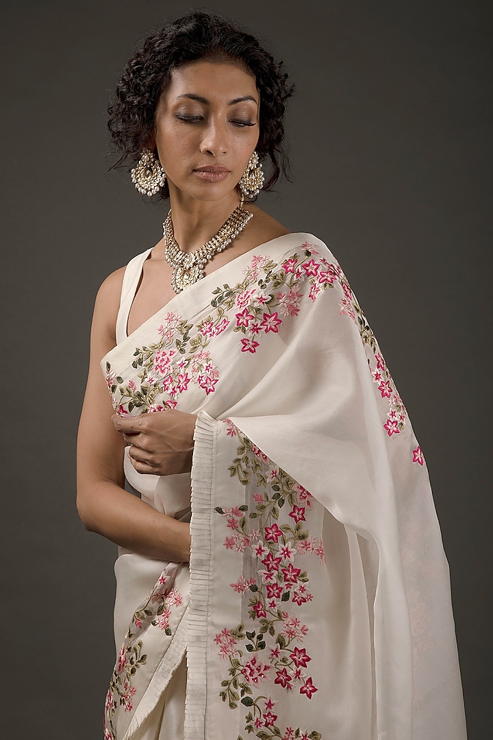 Ivory Organza Embroidered Bridal Saree Set by Rohit Bal at Pernia's Pop Up Shop