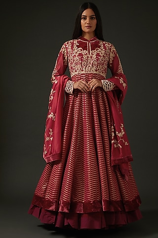 Maroon Embroidered Anarkali Set by Rohit Bal
