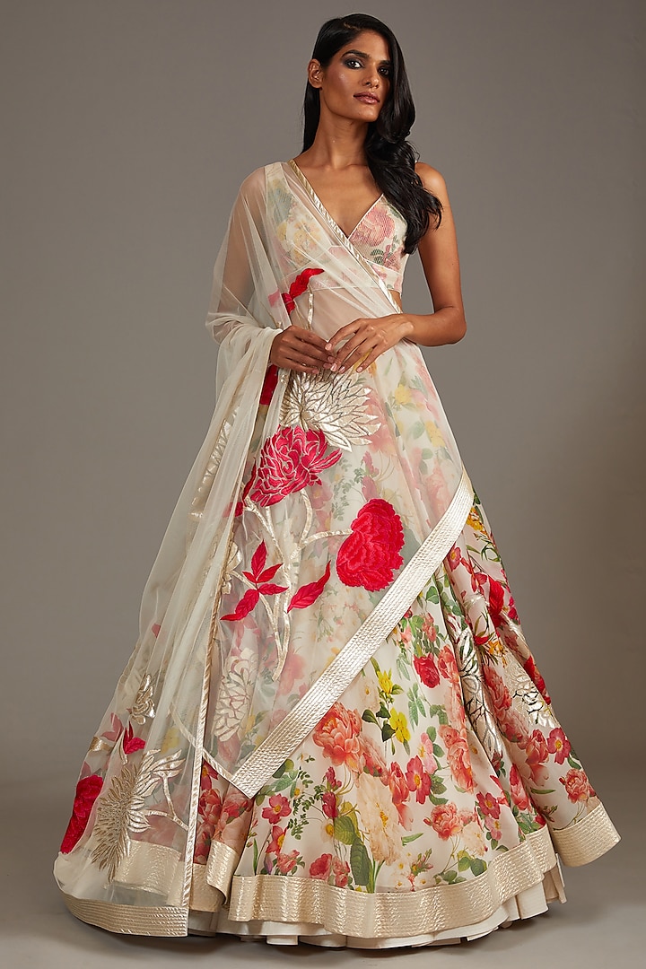 Ivory Organza Digital Printed & Embroidered Bridal Lehenga Set by Rohit Bal at Pernia's Pop Up Shop