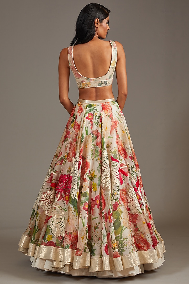 Ivory Organza Digital Printed & Embroidered Bridal Lehenga Set by Rohit Bal at Pernia's Pop Up Shop