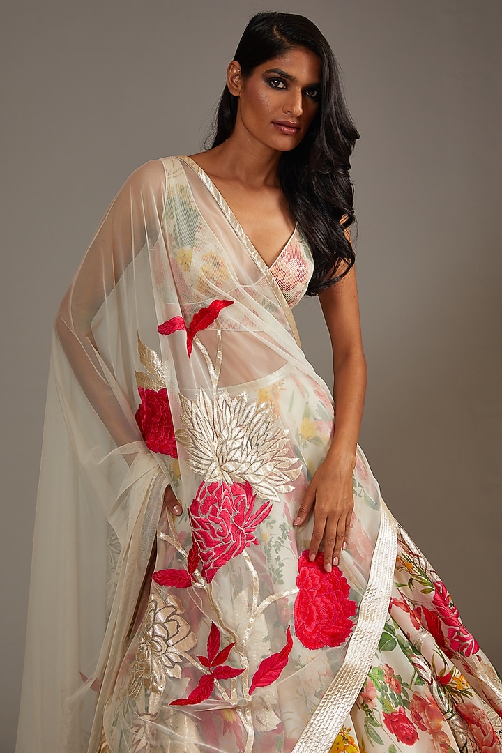 Ivory Organza Digital Printed & Embroidered Bridal Lehenga Set by Rohit Bal at Pernia's Pop Up Shop