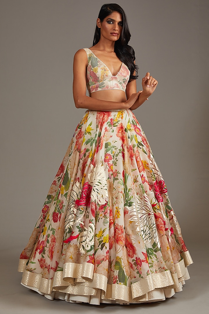 Ivory Organza Digital Printed & Embroidered Bridal Lehenga Set by Rohit Bal at Pernia's Pop Up Shop