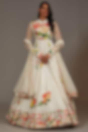 Ivory Chanderi Digital Printed & Embroidered Bridal Anarkali Set by Rohit Bal at Pernia's Pop Up Shop