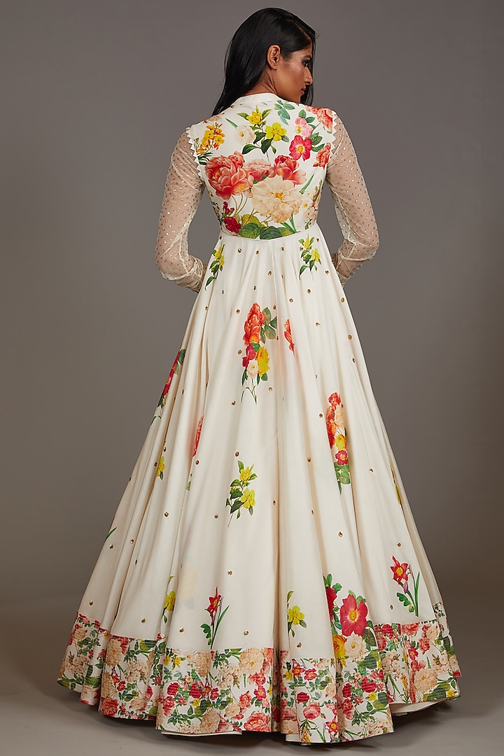 Ivory Chanderi Digital Printed & Embroidered Bridal Anarkali Set by Rohit Bal at Pernia's Pop Up Shop
