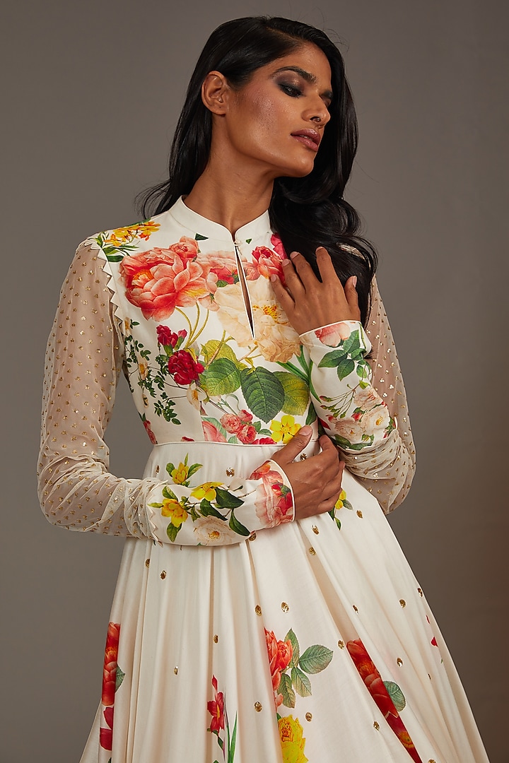 Ivory Chanderi Digital Printed & Embroidered Bridal Anarkali Set by Rohit Bal at Pernia's Pop Up Shop