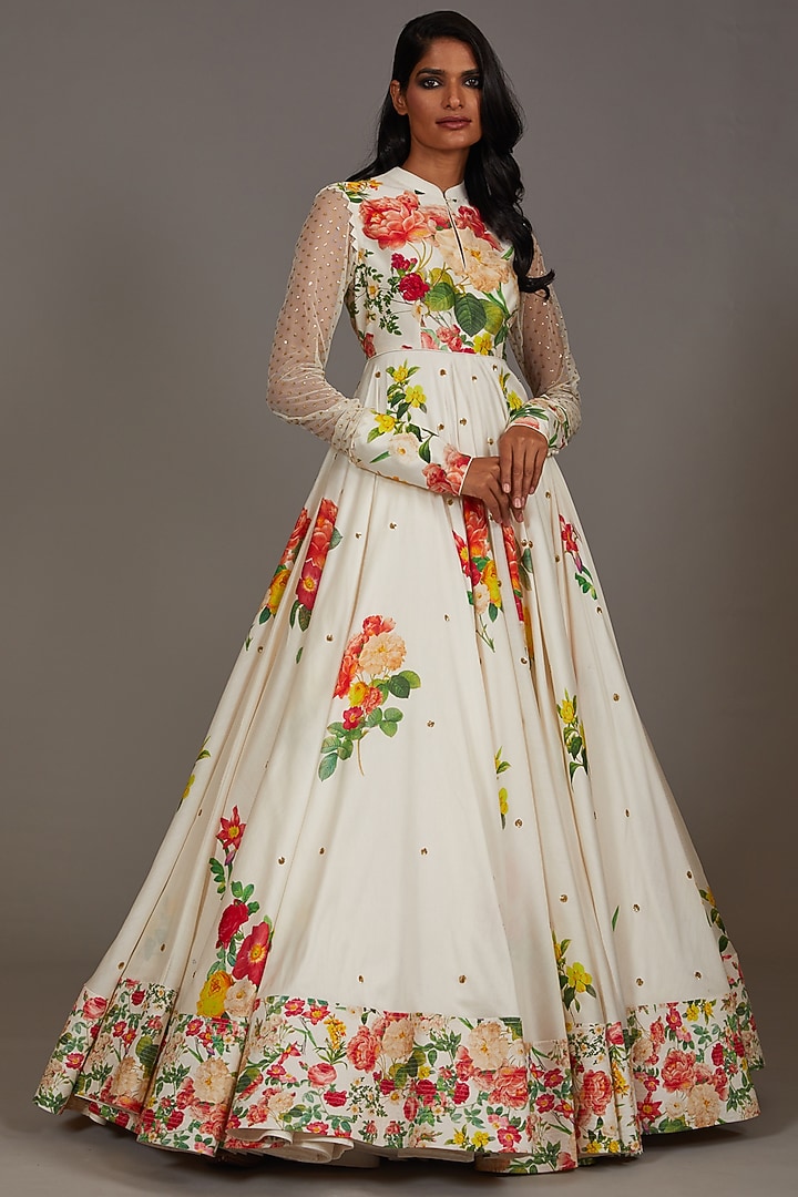 Ivory Chanderi Digital Printed & Embroidered Bridal Anarkali Set by Rohit Bal at Pernia's Pop Up Shop