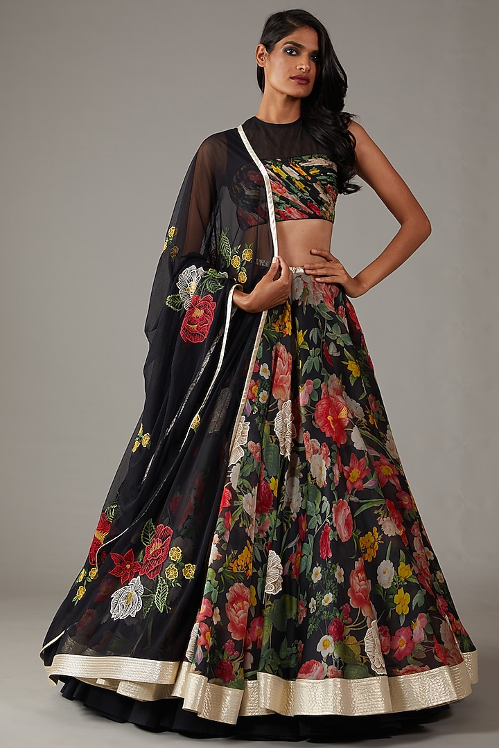 Black Organza Digital Printed & Embellished Wedding Lehenga Set by Rohit Bal at Pernia's Pop Up Shop