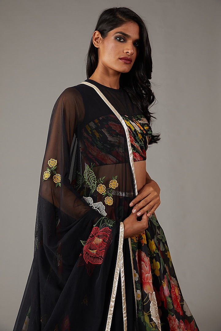 Black Organza Digital Printed & Embellished Wedding Lehenga Set by Rohit Bal at Pernia's Pop Up Shop