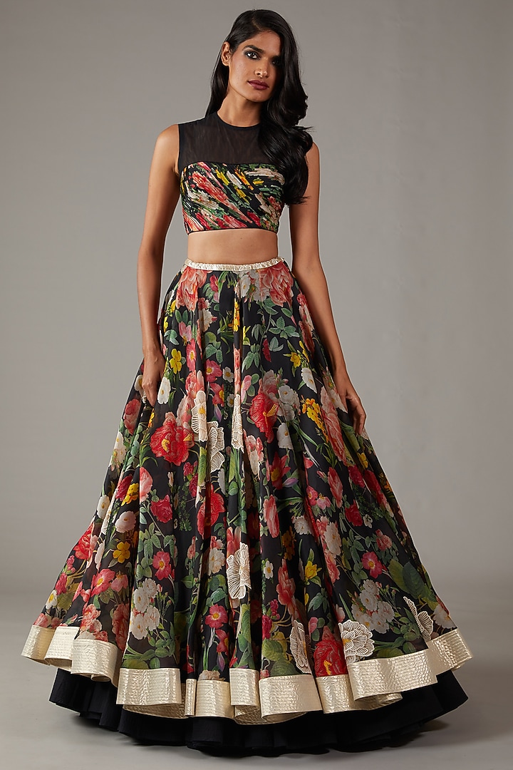 Black Organza Digital Printed & Embellished Wedding Lehenga Set by Rohit Bal at Pernia's Pop Up Shop