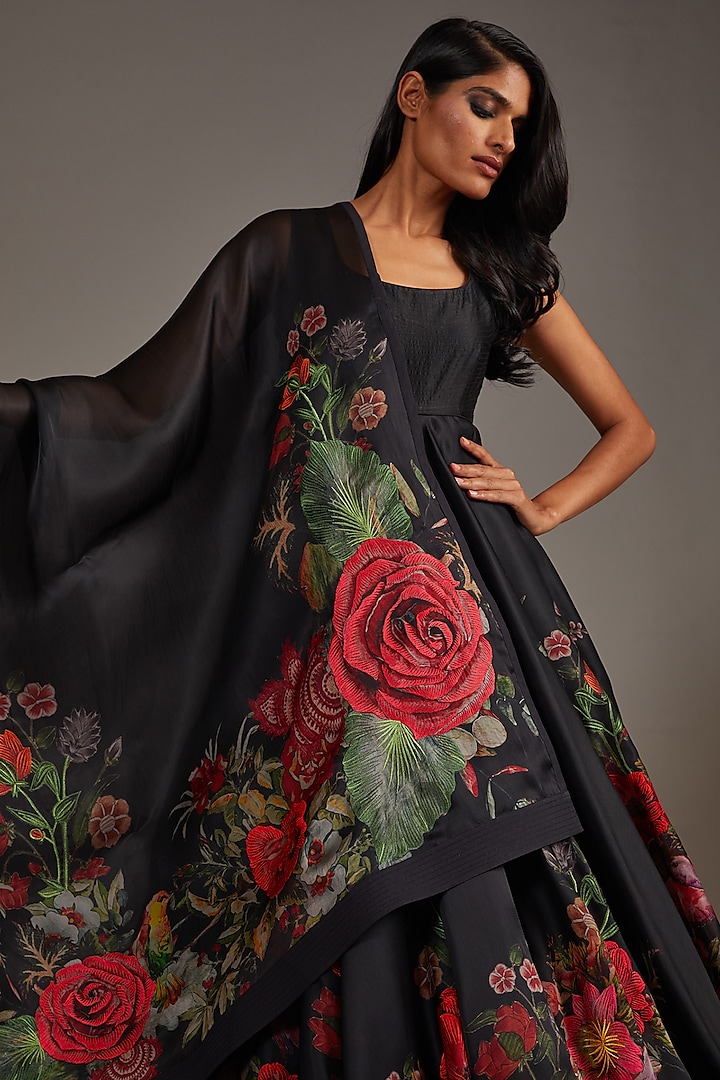 Black Organza Digital Printed & Embroidered Bridal Anarkali Set by Rohit Bal at Pernia's Pop Up Shop