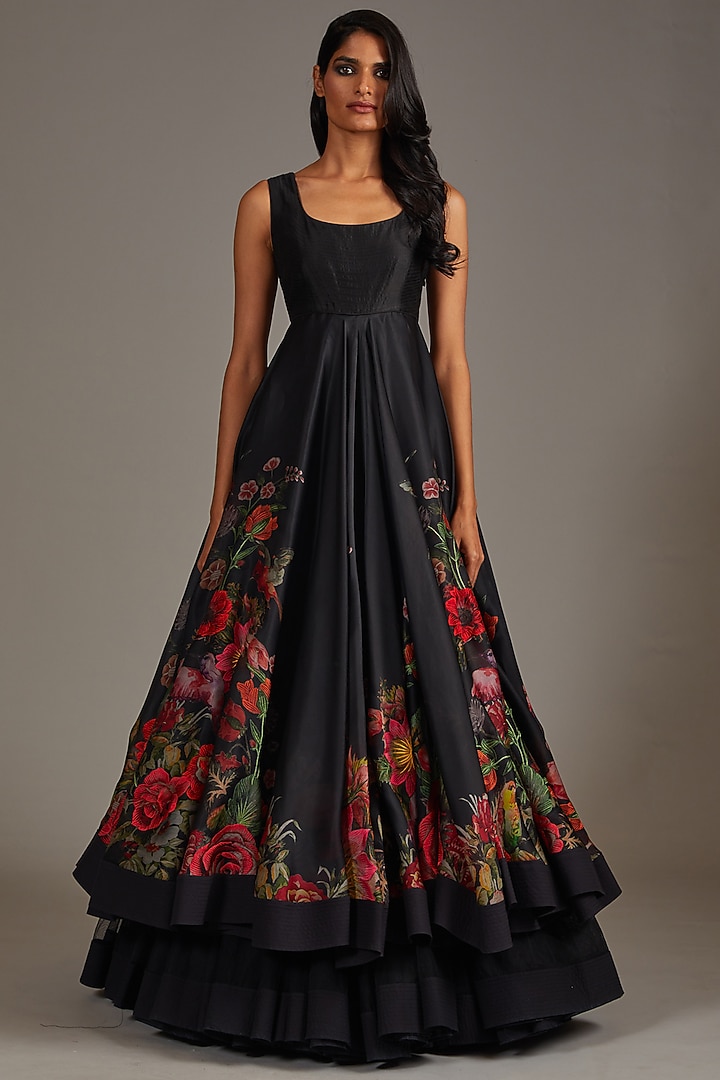 Black Organza Digital Printed & Embroidered Bridal Anarkali Set by Rohit Bal at Pernia's Pop Up Shop