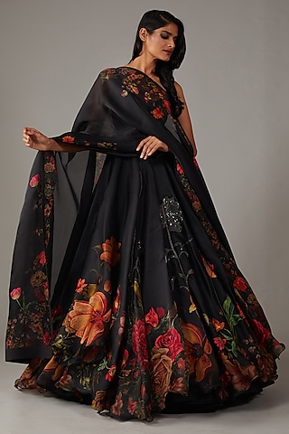 Black Organza Digital Printed & Embroidered Anarkali Set by Rohit Bal