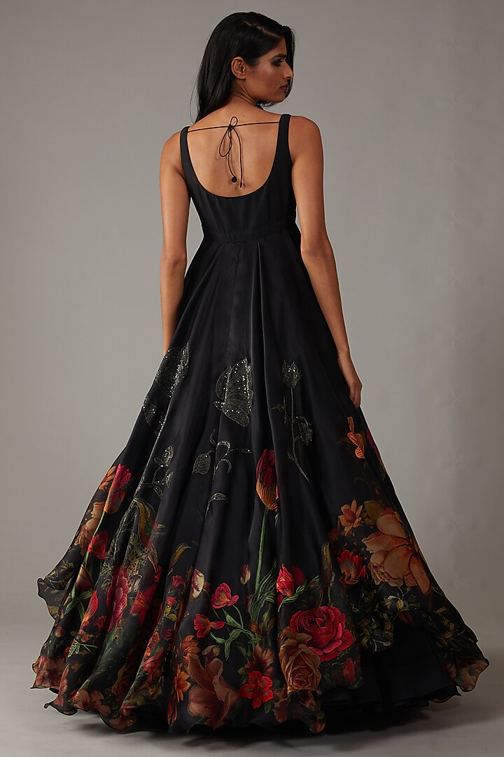 Black Organza Digital Printed & Embroidered Bridal Anarkali Set by Rohit Bal at Pernia's Pop Up Shop