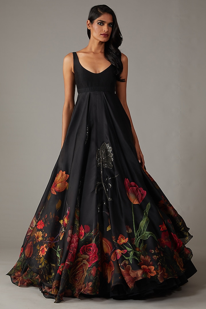 Black Organza Digital Printed & Embroidered Bridal Anarkali Set by Rohit Bal at Pernia's Pop Up Shop