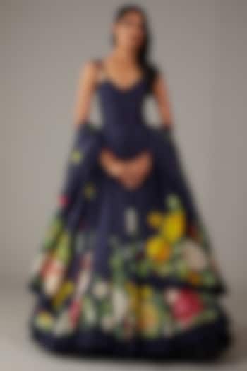 Indigo Chanderi Digital Printed & Machine Embroidered Bridal Anarkali Set by Rohit Bal at Pernia's Pop Up Shop