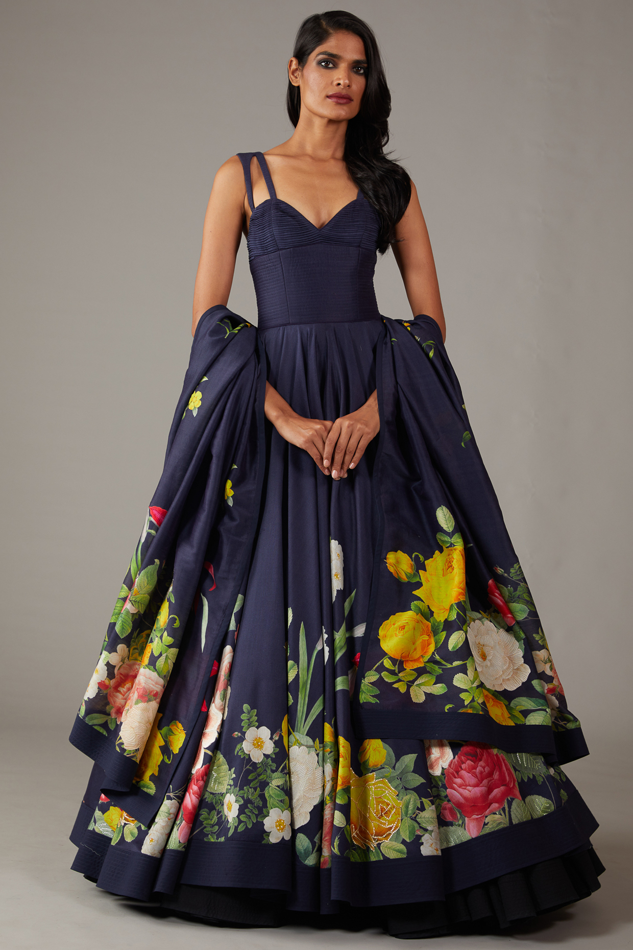 Indigo Chanderi Digital Printed & Machine Embroidered Bridal Anarkali Set by Rohit Bal at Pernia's Pop Up Shop