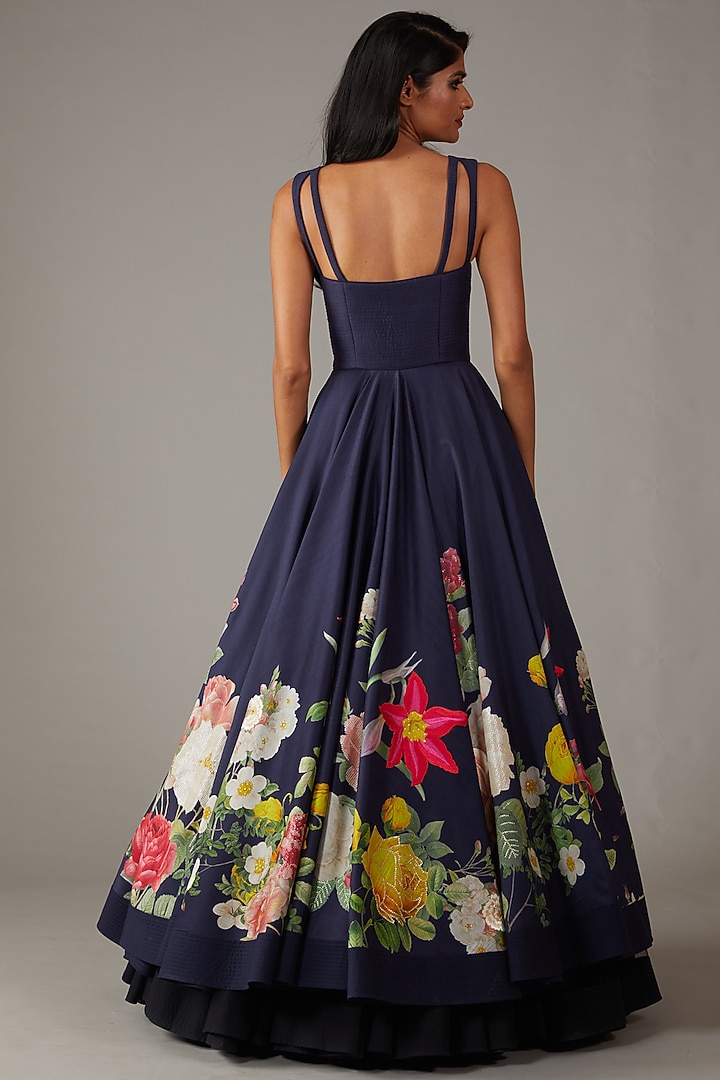 Indigo Chanderi Digital Printed & Machine Embroidered Bridal Anarkali Set by Rohit Bal at Pernia's Pop Up Shop