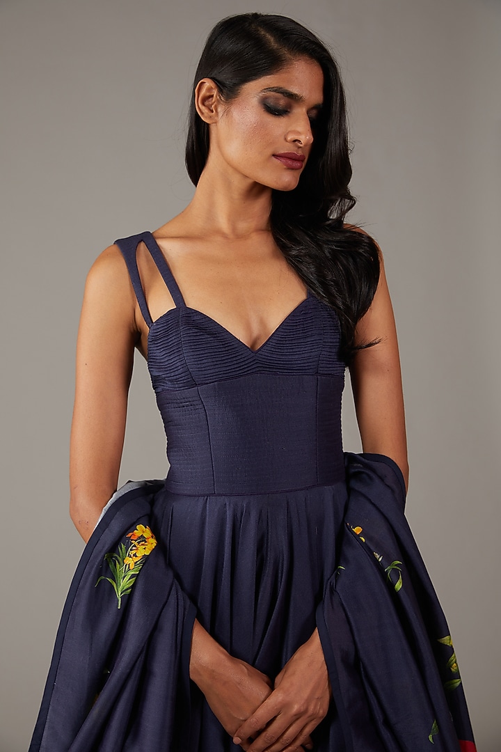Indigo Chanderi Digital Printed & Machine Embroidered Bridal Anarkali Set by Rohit Bal at Pernia's Pop Up Shop