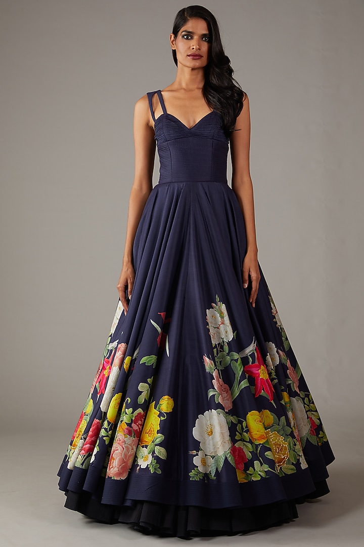 Indigo Chanderi Digital Printed & Machine Embroidered Bridal Anarkali Set by Rohit Bal at Pernia's Pop Up Shop