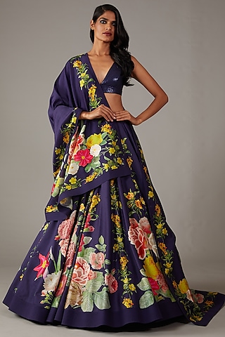 Indigo Chanderi Digital Printed Lehenga Set by Rohit Bal