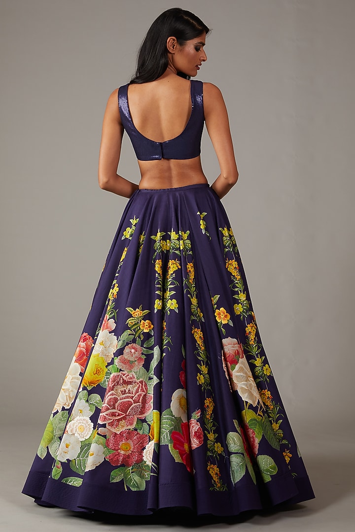 Indigo Chanderi Digital Printed Bridal Lehenga Set by Rohit Bal at Pernia's Pop Up Shop