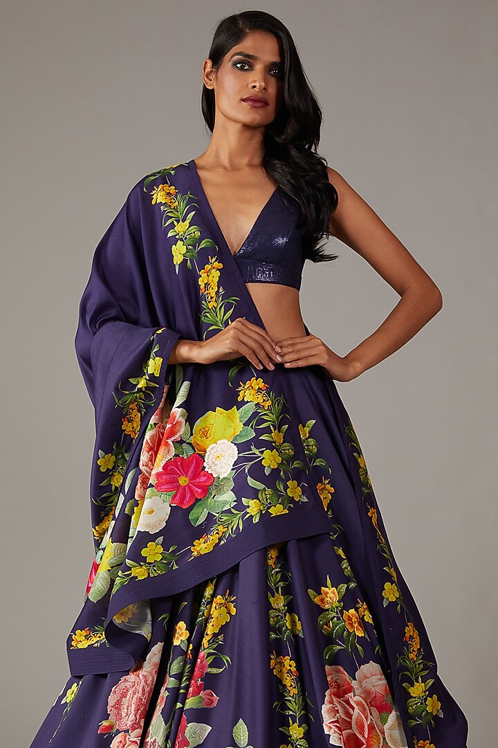 Indigo Chanderi Digital Printed Bridal Lehenga Set by Rohit Bal at Pernia's Pop Up Shop