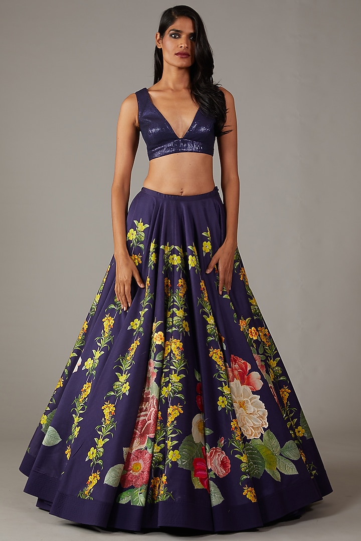 Indigo Chanderi Digital Printed Bridal Lehenga Set by Rohit Bal at Pernia's Pop Up Shop