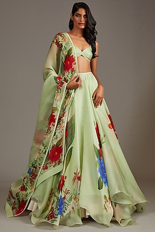 Mint Green Organza Digital Printed Lehenga Set by Rohit Bal