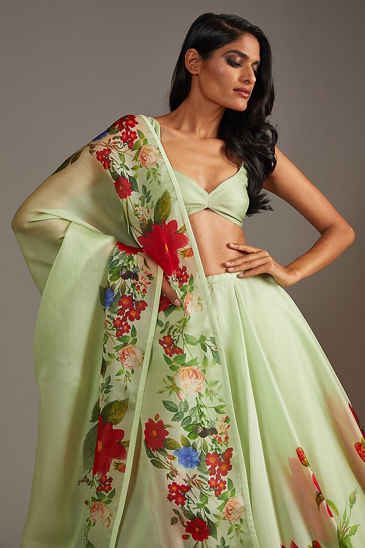Mint Green Organza Digital Printed Wedding Lehenga Set by Rohit Bal at Pernia's Pop Up Shop